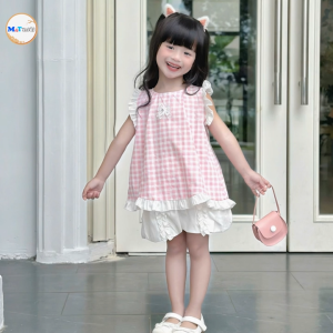 Bộ bé gái nơ ban mai ca rô hồng trắng dịu dàng -MT 3228
