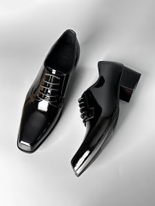 Fashionable Mens High Heel Leather Shoes Original Design Casual Shiny Leather Genuine Leather Square Head Derby Shoes Black
