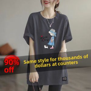 Fashionable Ladies Printed Casual T-shirt Grey Large Size Polyester Short Sleeve round Neck Mid-Length Top for Commute