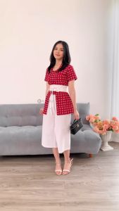 SANDANG JAYAA - Kebaya Amanda Kutubaru Blouse Wanita Terbaru Modern Outfit Kondangan Cantik Trendy Sudah Paket dengan Obi Belt - Merah Navy - Fashion Modern Batik Solo