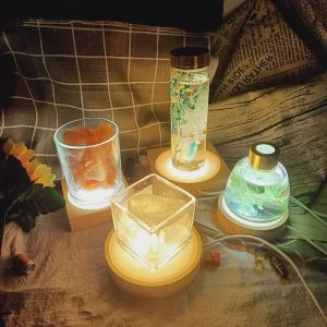 Wood Round USB LED Night Light Base Art Display Holder for Crystals Glass Ball Resin Art Decoration Display Stand Bedside Lamp