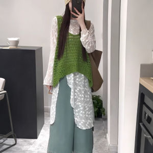 XUECAIQI | Comfort Korean Style Knit Vest T-Shirt Wide Leg Pants Set Women
