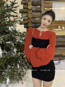 XZY Elegant plus Size Color Block Mini Skirt Womens Autumn Winter Christmas Fashion Commute Style Polyester Fiber Long Sleeve