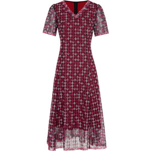 MY TENO | ชุดเดรสยาวปานกลางปักลายแขนสั้นเอวสูงคอวีสีม่วง ชุดทำงานฤดูใบไม้ผลิและฤดูร้อนสำหรับผู้หญิง My Teno