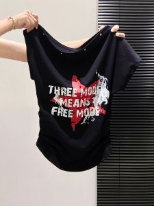 LUOSHAO | Slim Fit Shoulder Off Letter Printed Tshirt