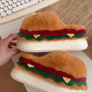 XIXITIAO 2024 New Autumn and Winter Fun Home Cotton Slippers Couple Cute Hamburger Full Heel Wrap Fluffy Shoes Warm Men and Women