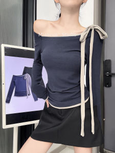 MianCun Knitted Long Sleeve T-Shirt Womens Casual Shoulder Design Slimming Effect Daily Wear Girls Style Splicing Design