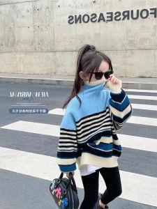 Girls Knitted High Collar Zipper Sweater Striped Patchwork Korean Style Spring Autumn Jacket Top for Children Thick Long Sleeve