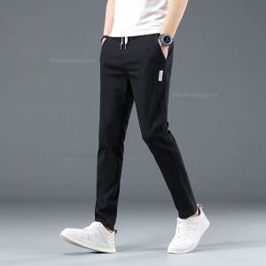 2024 Summer Thin Cotton Mens Casual Slim Pants Soft Comfortable Elastic Wrinkle Resistant Drawstring Classic Casual Pants Male
