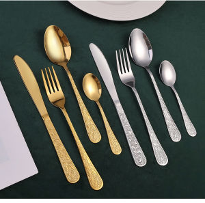 24 piece set of retro relief imperial family knife fork spoon gift boxStainless steel cutlery set tableware knife fork spoon 4-piece set of retro relief imperial family knife fork spoon gift box household tableware restaurant tableware