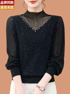 New 2025 Ice Silk Long Sleeve T-Shirt Womens Thin Elegant Mid-Year Mom Lace Sleeve Base Shirt Top Comfortable Breathable