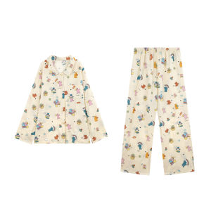 Large Size Pure Cotton Sleepwear Set Womens Home Clothes Star Bear Print Long Sleeve Shirt And Pants Comfortable Princess Style