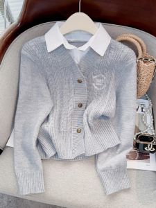 ปกโปโล เสื้อสเวตเตอร์ถัก สไตล์เสื้อทูพีซปลอม ผู้หญิง ฤดูใบไม้ร่วง ฤดูหนาว แฟชั่นการกําหนดอายุ บิดเกลียว เสื้อผ้าถัก ลำลอง หลวม Fit