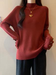 เสื้อสเวตเตอร์ถักคอสูงสีแดง ทรงหลวม แขนยาว สำหรับผู้หญิง เสื้อชั้นในฤดูใบไม้ร่วงปี 2025 เสื้อคลุมกันหนาวแบบลำลอง สไตล์เกาหลี