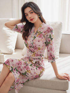 Miss Wrap Summer New Arrival French Romantic Pink Color Dream Florals Elastic Mesh Slim Dress Elegant Slim Looking Easiest for Match Women