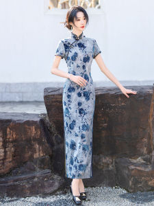Elegant Long Cheongsam Short Sleeve Spring Style Daily Wear Watercolor Style plus Size for Middle-Aged Mothers