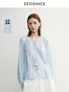 Designice Linen Shirt 2025 Spring Autumn Commute V-neck Long Sleeve Womens Pure Color Lantern Sleeve Top French Style