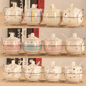 Creative Ceramic Seasoning Jar Spice Bottle Holder Four-Piece Set Kitchen Restaurant Commercial Use Storage Container with Lid