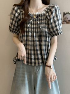 plus Size Womens Vintage Plaid Bubble Sleeve Square Collar Shirt Summer Belly Covering Lace Hem Versatile Top for plus Size