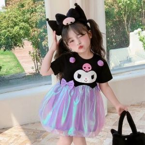 3D Kuromi Princess Dress Bow Kids Girls Korean Cute Funny Party Summer Cartoon Cotton Short Sleeve Splicing Shiny Tutu Dress Halloween
