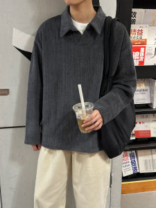 เสื้อโปโลแขนยาวสีเทาเข้มลายข้าว ทรงหลวม ปกโปโล คอกลม เสื้อสเวตเตอร์ ผ้าโพลีเอสเตอร์ ลำลอง สวมใส่สบาย สำหรับผู้ชาย