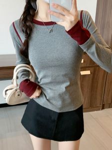 เสื้อยืดคอกลมแขนยาวทรงเข้ารูปสไตล์ย้อนยุคสำหรับผู้หญิง ฤดูใบไม้ร่วง 2025 เสื้อชั้นในสีพื้น เสื้อผ้าทำงานสไตล์เกาหลี