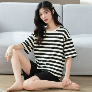 MiiOW | ชุดนอนผู้หญิงผ้าฝ้ายบางแขนสั้นฤดูร้อน ชุดอยู่บ้านแบบสวมหัว คอกลม ลายการ์ตูน ระบายอากาศได้ดี ชุดนอนสบายๆ