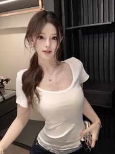 GUZILIAN | White Butterfly Knot U-Neck Short Sleeve Slim Fit Womens T-shirt Summer Waist-Cinching Versatile Body-Shaping Top