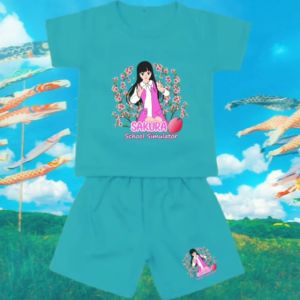 Setelan Anak Usia 1-8 Tahun Sakura Bunga Lengan Pendek