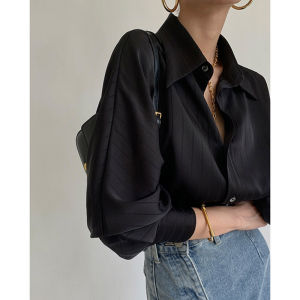 Black French Vinegar Silk Shirt for Women Striped Shoulder-Length Sweater Coat Elegant Work Clothing with Button Details