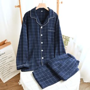 MIESHUT 2025 New Mens Pajama Set 100%Cotton Crepe Plaid Long sleeved Pants Two Piece /1 Set Cardigan Spring and Autumn Large Size Homewear