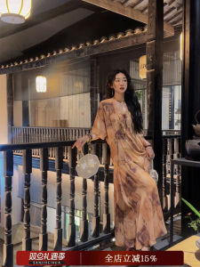 Sanji Black Flower Encounter Summer 2024 New Chinese Style Lantern Sleeve Dress Anti-Aging Trendy Polyester Fiber Midi Dress