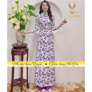 Áo Dài Hoa Nhí Màu  Tím Cổ Cao Lụa Habutai Trẻ Trung Thanh Lịch K49 - Áo Dài Xuân Quỳnh