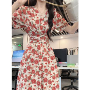 CHANGTONG | French Style Floral Print V-Neck Dress Womens Summer Slimming Midi Skirt Bubble Sleeve Short Sleeve H-Shape Tea Break Dress