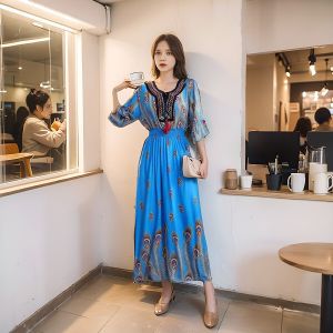 Váy Voan Hoa Mùa Hè Tay Ngắn in Họa Tiết Phong Cách Đông Nam Á Bằng Vải Lụa Cotton Pha Trộn Váy Chữ A Váy Công Sở Váy Chữ a