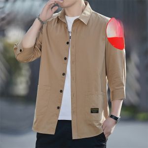 ROMON | Romon Pure Cotton Summer New Mens Loose Workwear Shirt Casual Half Sleeve Denim Jacket Seven-Quarter Length Button Detail