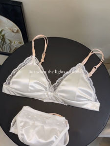 French เซ็กซี่ ผ้าซาติน ลูกไม้ Trim Bra Set Young Adults  Triangle Cup ฤดูร้อน ชุดชั้นใน Ensemble Fixed Double Shoulder สายคล้อง