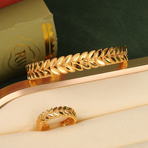 Trendy Copper Gold Plated Jewelry Bangles with Ring Leaves Design Cuff Bracelet Dubai Wedding Jewery Graduation Gifts for Girl