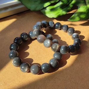 HOJB Top Grade Black SunStone Skeletal Quartz 6A Beads Bracelet 13-14mm 聚寳軒顶级黑骨干星光太阳石6A圆珠手串13-14mm