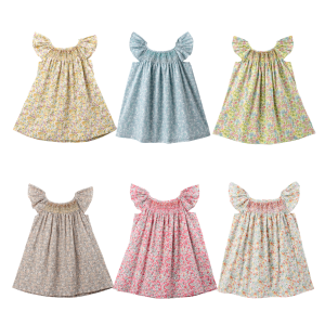 Floral Summer Dress for 1 2 3 4 5 6 Years Girls Smocking Design with Flying Sleeve Baby Toddler Daily Cute Clothes
