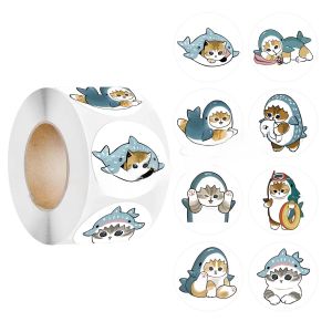 Cartoon Cat Shark Fish Stickers 500 Pieces round Decorative Labels Non-drying Adhesive Self-adhesive Copperplate Paper