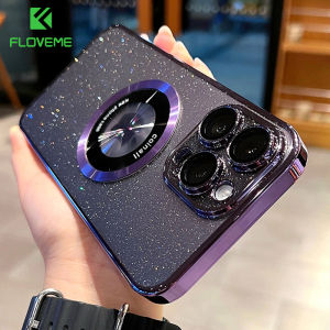 [With Lens Film] FLOVEME Luxury Plating Glitter Magsafe Phone Case For iPhone 15 14 13 12 Pro Max 15 14 Plus Logo Hole Wireless Charging With Glass Film Protector Bling Clear PC Bumper Back Cover For iphone 15 14 13 12