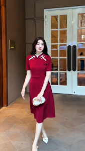 Đầm thiết kế BEMINE cổ tàu đính nơ dáng chữ A phù hợp đi chơi-B419