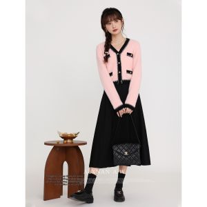 Áo Cardigan Knit Ngắn V-neck Màu Sắc Khối