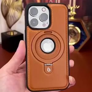Folding Metal Ring Stand Leather Magnetic Case for Magsafe IPhone 17 Air 16 15 14 13 Pro Max Plus 17Pro Mag Safe Holder Cover