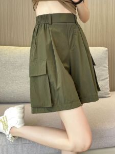 กางเกงขาสั้นทำงานผู้หญิงแห้งเร็วเอวสูง 5 ชิ้น กางเกงขายาวทรงหลวมสีเขียวทหารสำหรับฤดูร้อน กางเกงขายาวลำลอง