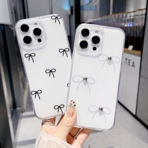 เคส iPhone 16 Pro Max 15Promax 14ProMax 13ProMax เคสนิ่มโปร่งใสโบว์เส้นสีดำเรียบง่ายน่ารักสำหรับ12Promax