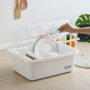 Plastic Kitchen Storage Box Bowl Cabinet Dish Drainer Rack with Cover Utensils Holder One Layer No Drilling Required