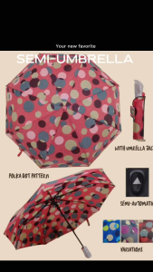 Polka dot semi-automatic umbrella with purple trim and matching umbrella jacket.