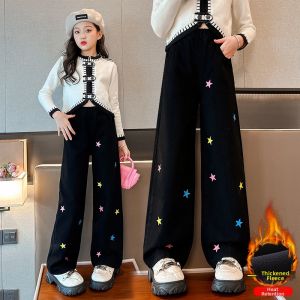 Warm Fleece Thickening Wide Leg Jeans for Girls Black